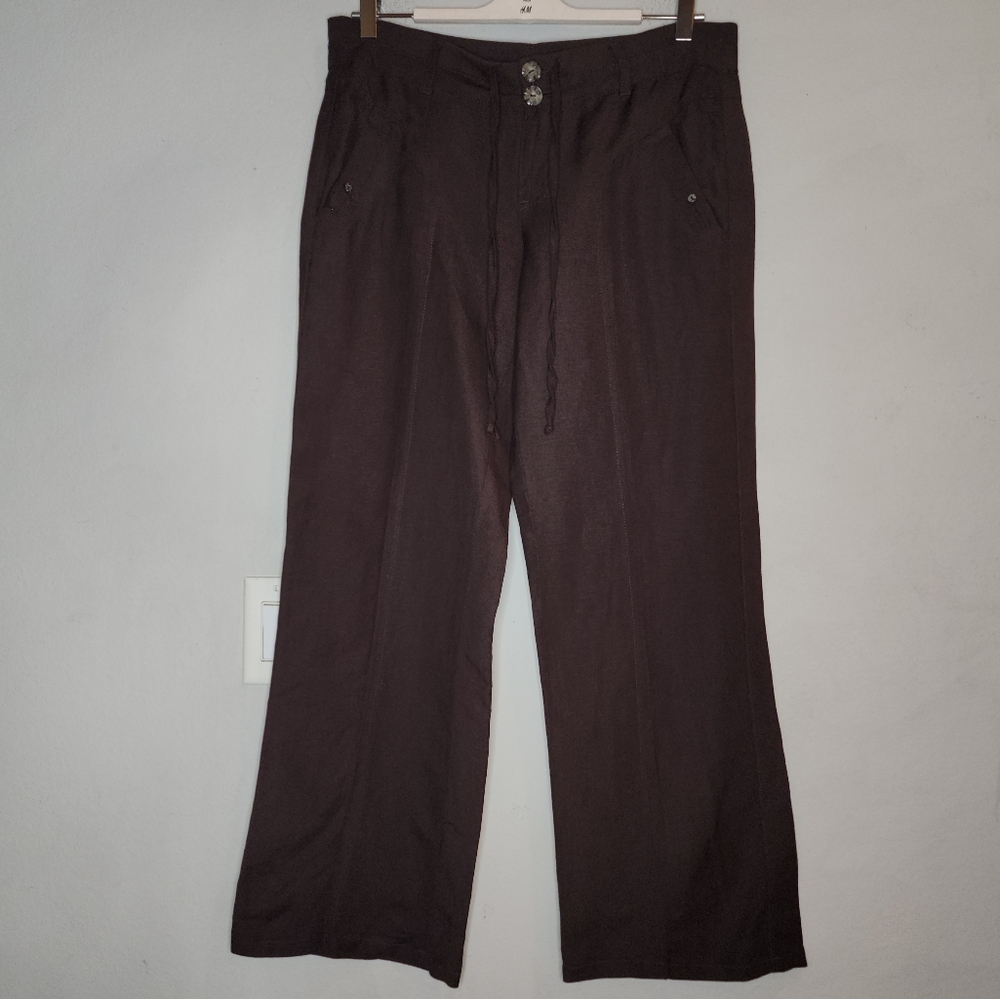 Democracy Linen-Blend Brown Wide Leg Pants Drawstring Pockets Size 8